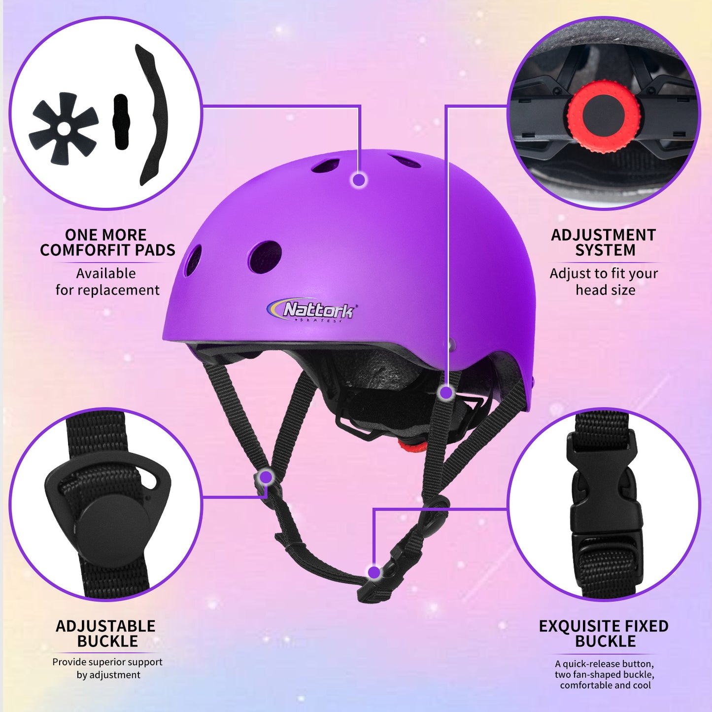 Casco de skate Nattork, equipo de protección para niños, morado