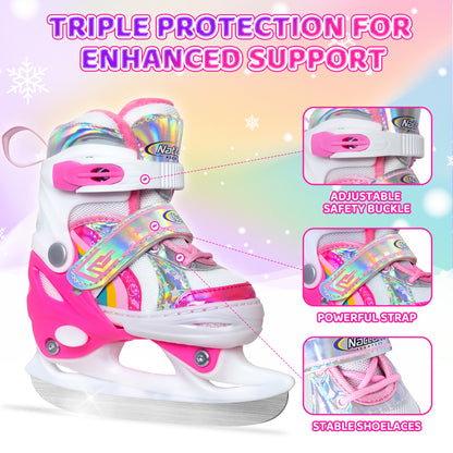 Nattork Adjustable Ice Skates for Kids - Pink Rainbow