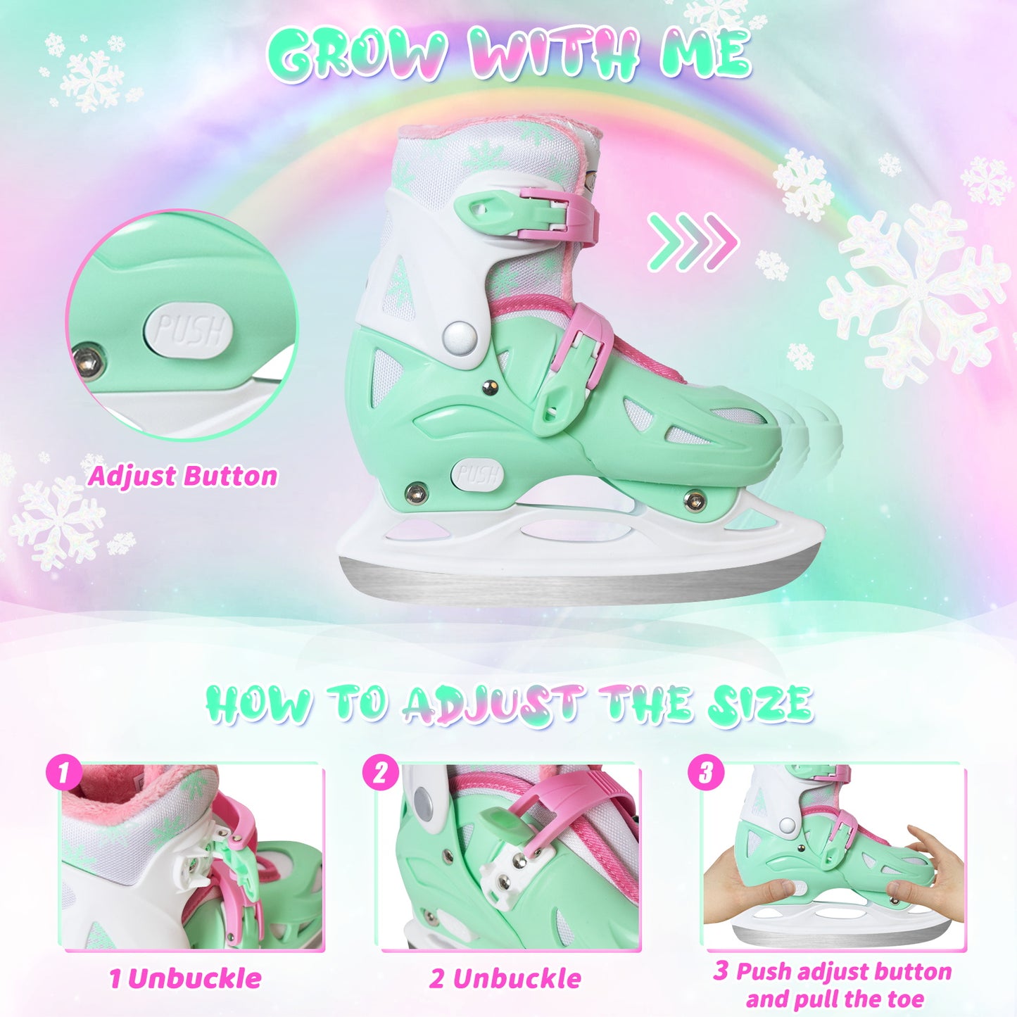 Nattork Adjustable Ice Skates for Kids - Green Snow