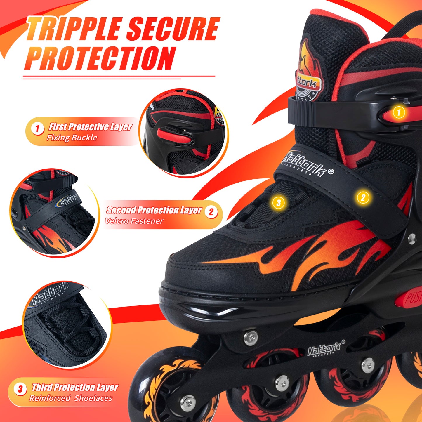 Nattork Adjustable Inline Skates for Kids - The Rush Fire