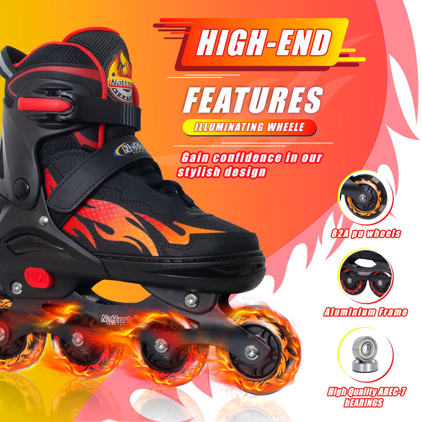 Nattork Adjustable Inline Skates for Kids - The Rush Fire