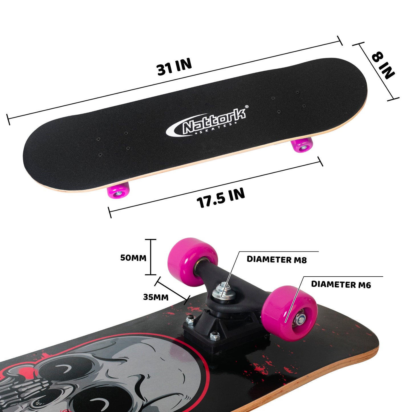 Nattork Skateboards 31 Inch - Pink Skeleton