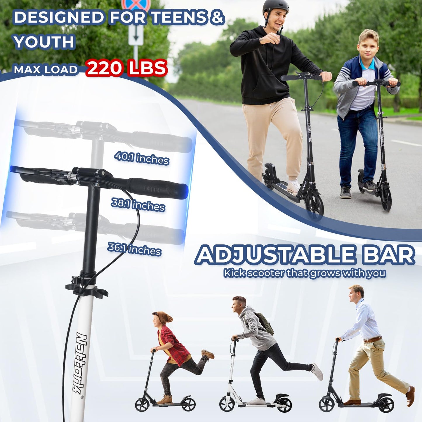 Nattork Foldable & Kick Scooter Ages 8+ Pro Silver Mist