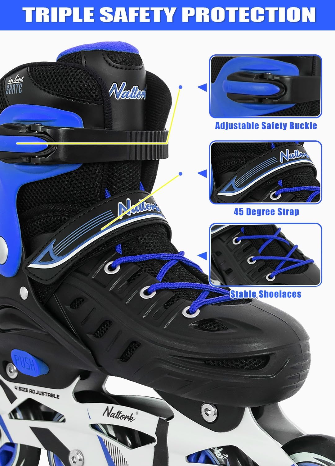 Nattork Adjustable Inline Skates For Kids & Adults - Blue