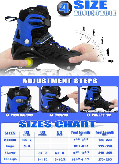 Nattork Adjustable Inline Skates For Kids & Adults - Blue