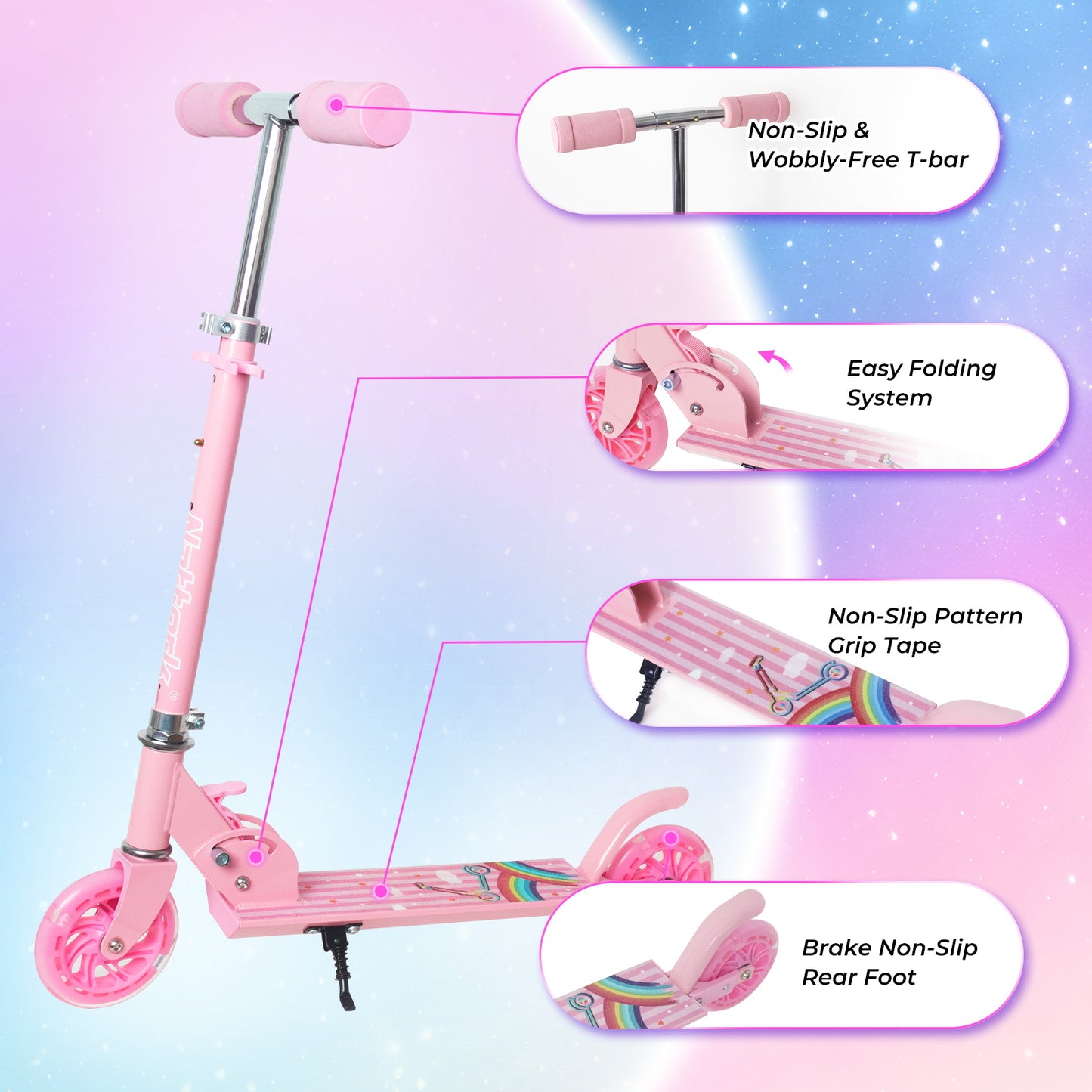 Nattork Foldable Kids Scooter with Lights Ages 3+ Pink Rainbow