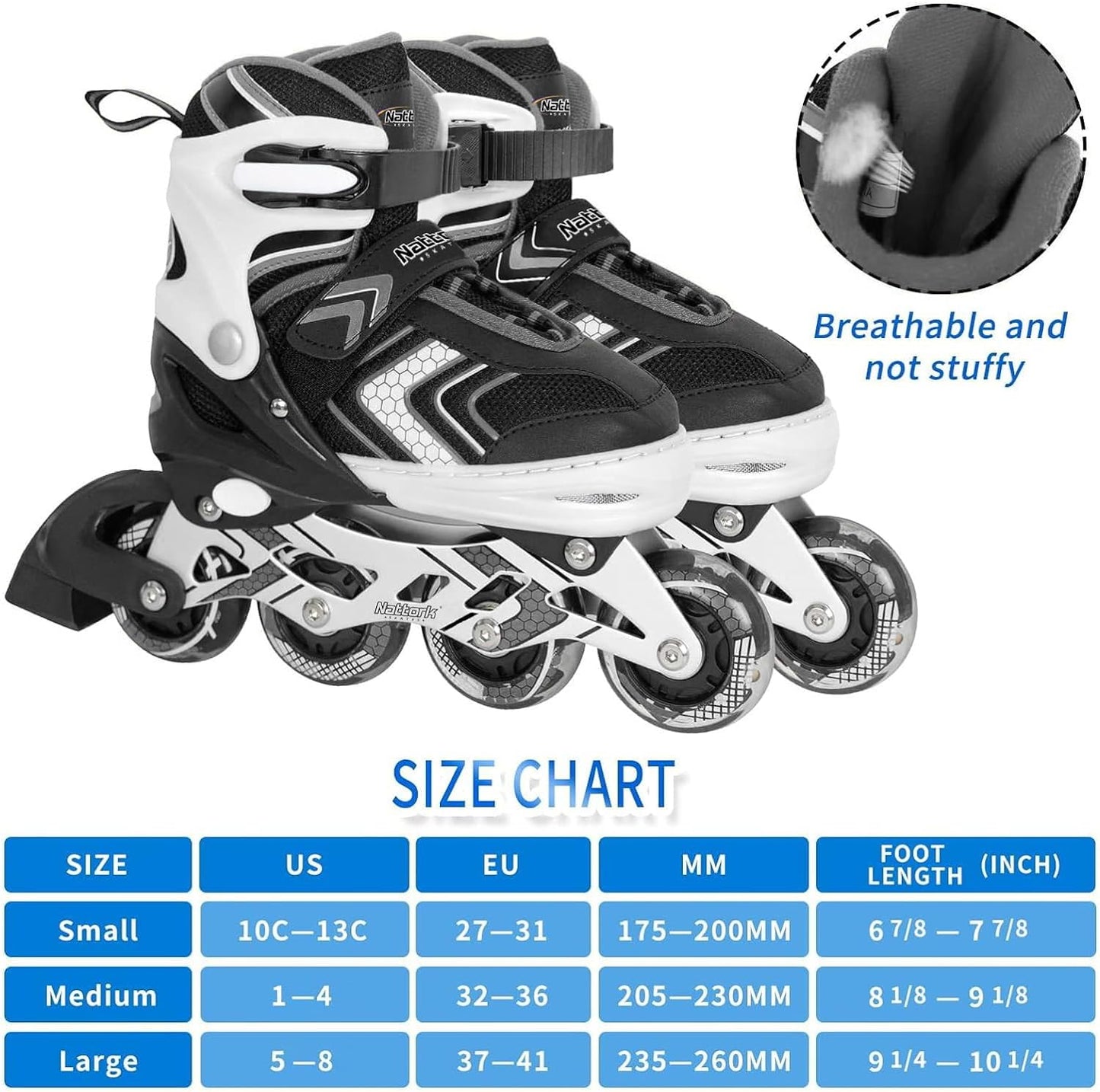 Nattork Adjustable Inline Skates for Kids Black