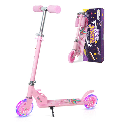 Nattork Foldable Kids Scooter with Lights Ages 3+ Pink Rainbow