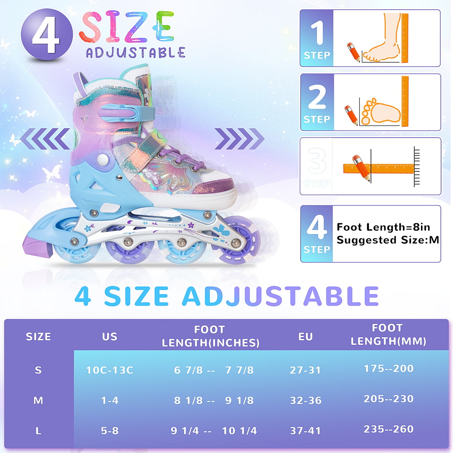 Nattork Adjustable inline Skates for Kids- Fairy Wing Lavender