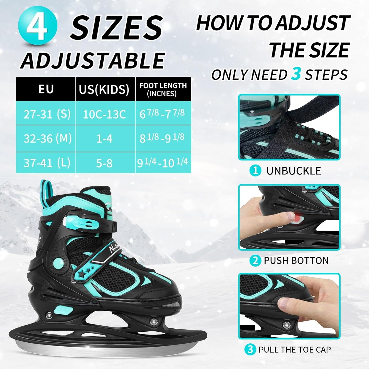 Nattork Adjustable Ice Skates - Teal