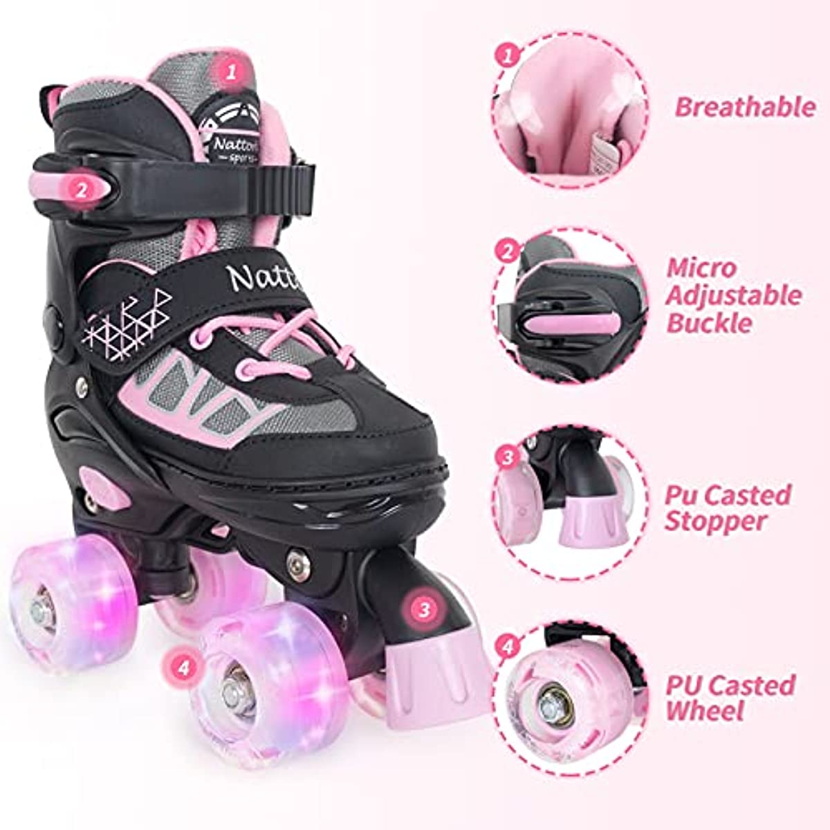 Nattork Adjustable Roller Skates for Kids - BlackPink – NattorkSkates