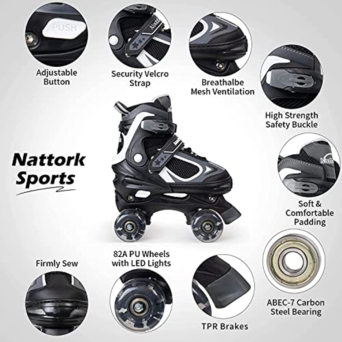 Nattork Adjustable Roller Skates for Kids - Black