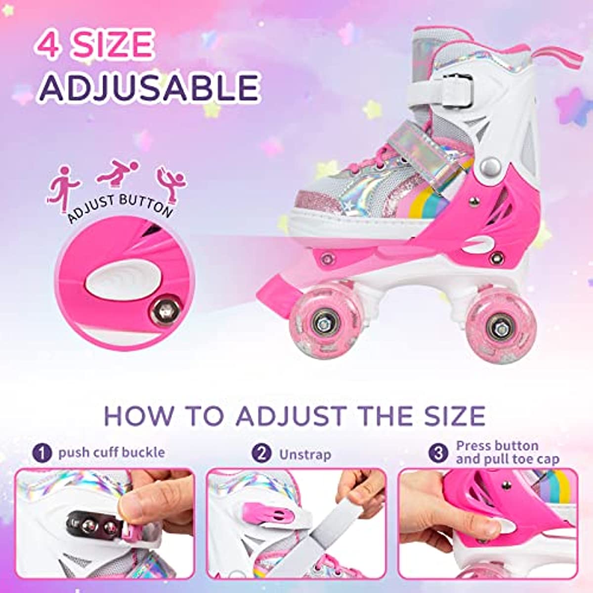 Roller Skates for Kids Girls, 4 Size Adjustable Quad Skate with