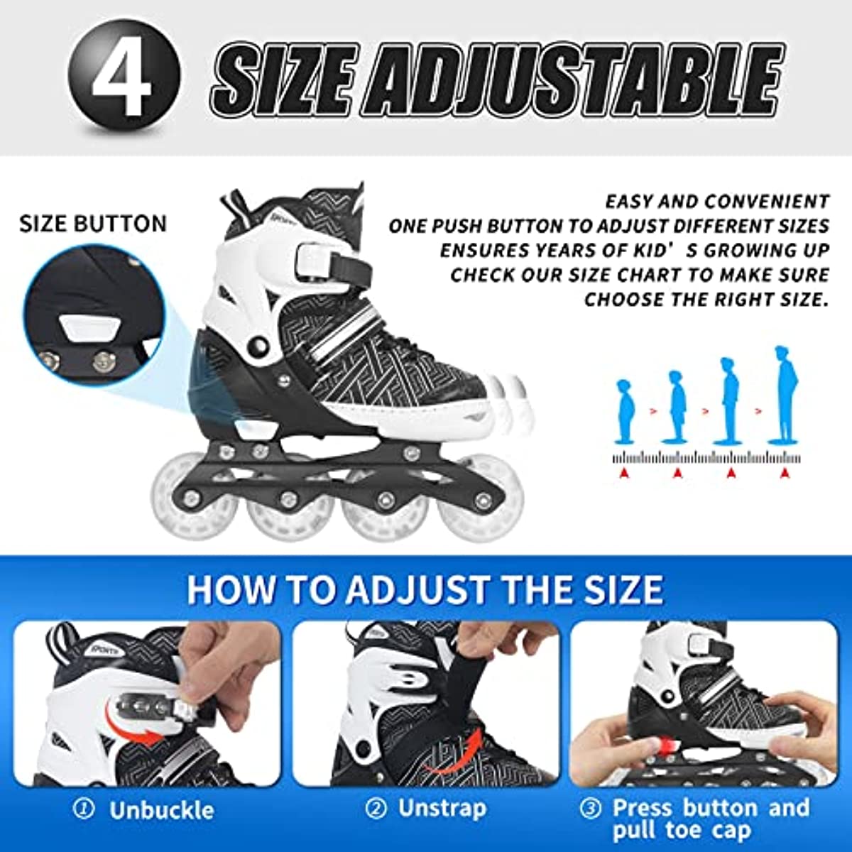 Adjustable medium newest big kid black inline skates with illuminating wheels