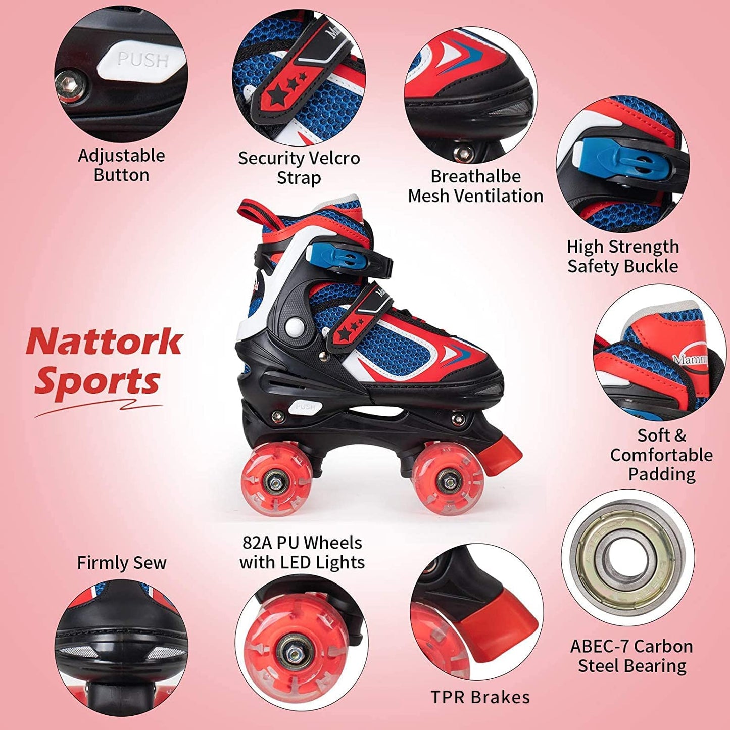 Nattork Adjustable Roller Skates for Kids-Red