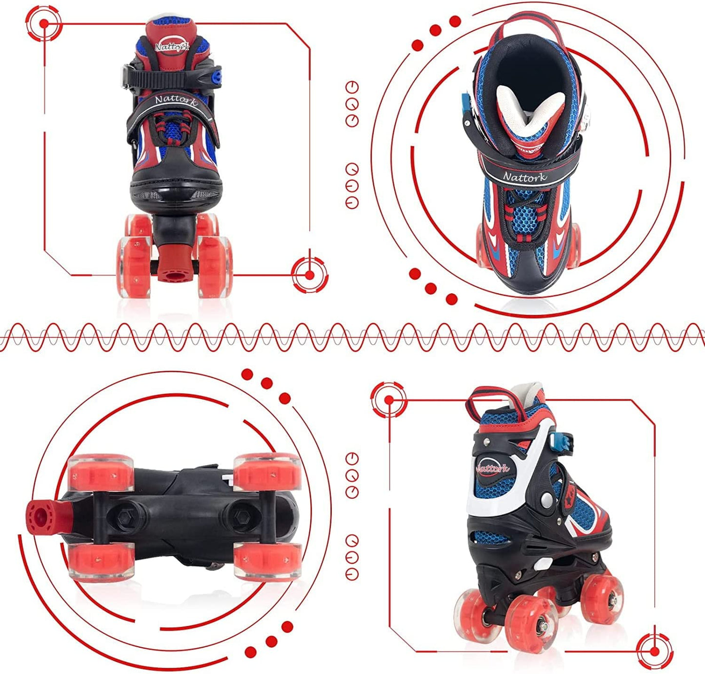 Nattork Adjustable Roller Skates for Kids-Red